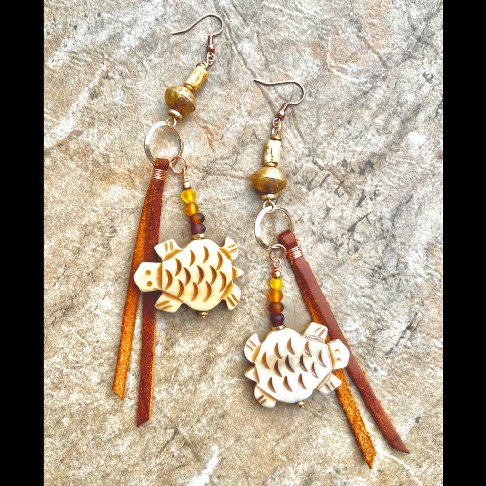 Turtle Tribal Boho Earrings African Trade Bone, Leather and Lost Wax Brass Beads